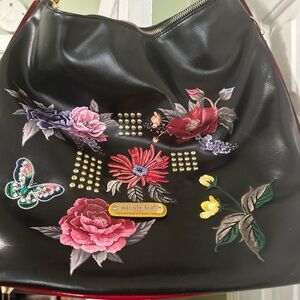 Nicole Lee Black Bag with Floral and Butterfly Embroidery